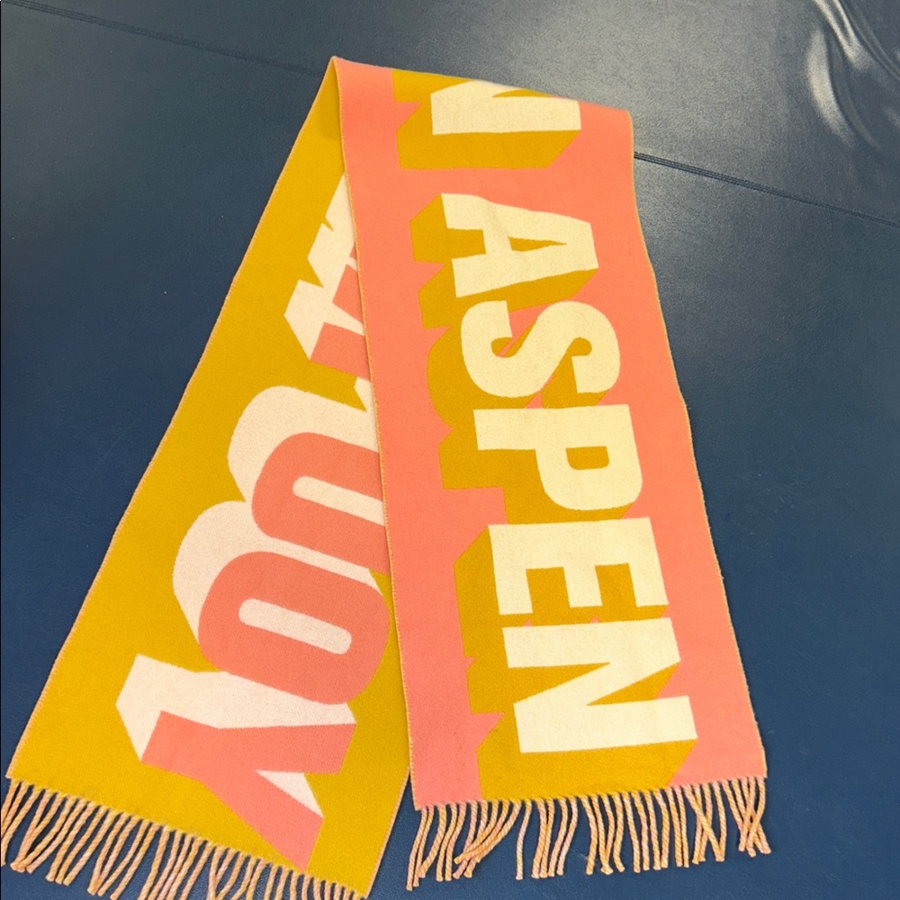 “YOUR’RE IN ASPEN”Yellow, cream & Pink Wool blend UNISEX Blanket FRINGED SCARF